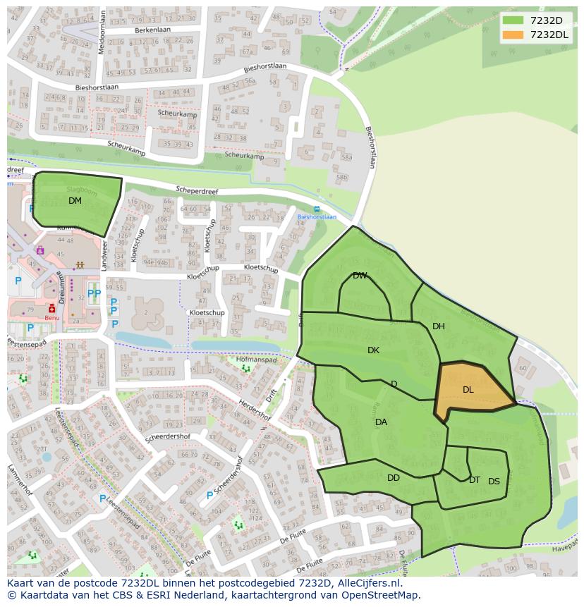 Afbeelding van het postcodegebied 7232 DL op de kaart.
