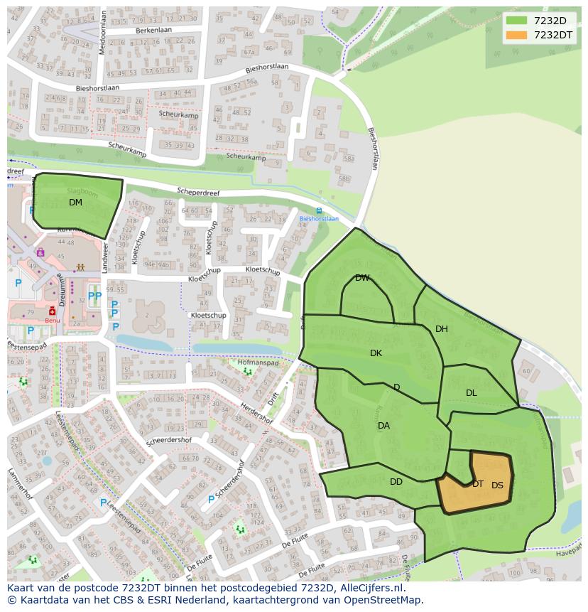 Afbeelding van het postcodegebied 7232 DT op de kaart.