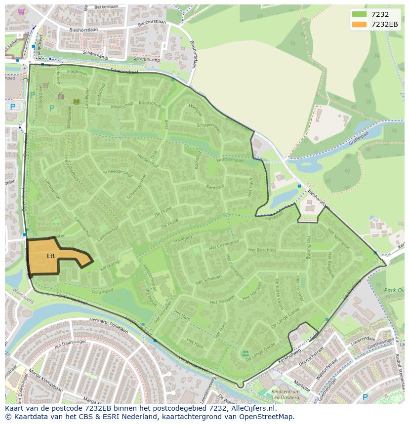 Afbeelding van het postcodegebied 7232 EB op de kaart.