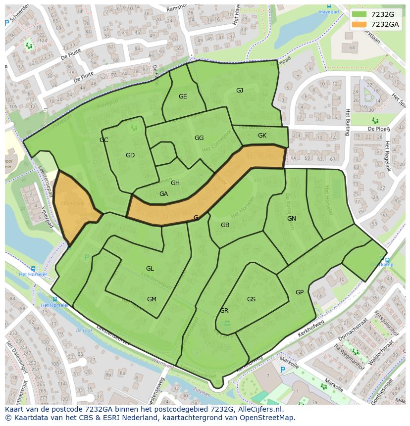 Afbeelding van het postcodegebied 7232 GA op de kaart.