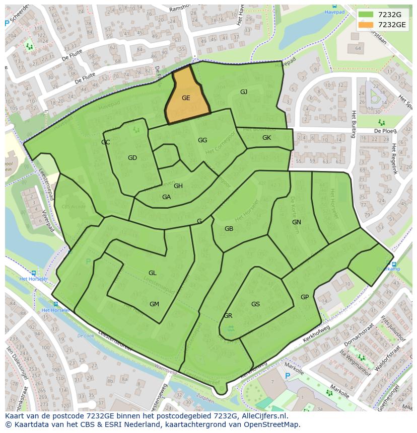 Afbeelding van het postcodegebied 7232 GE op de kaart.