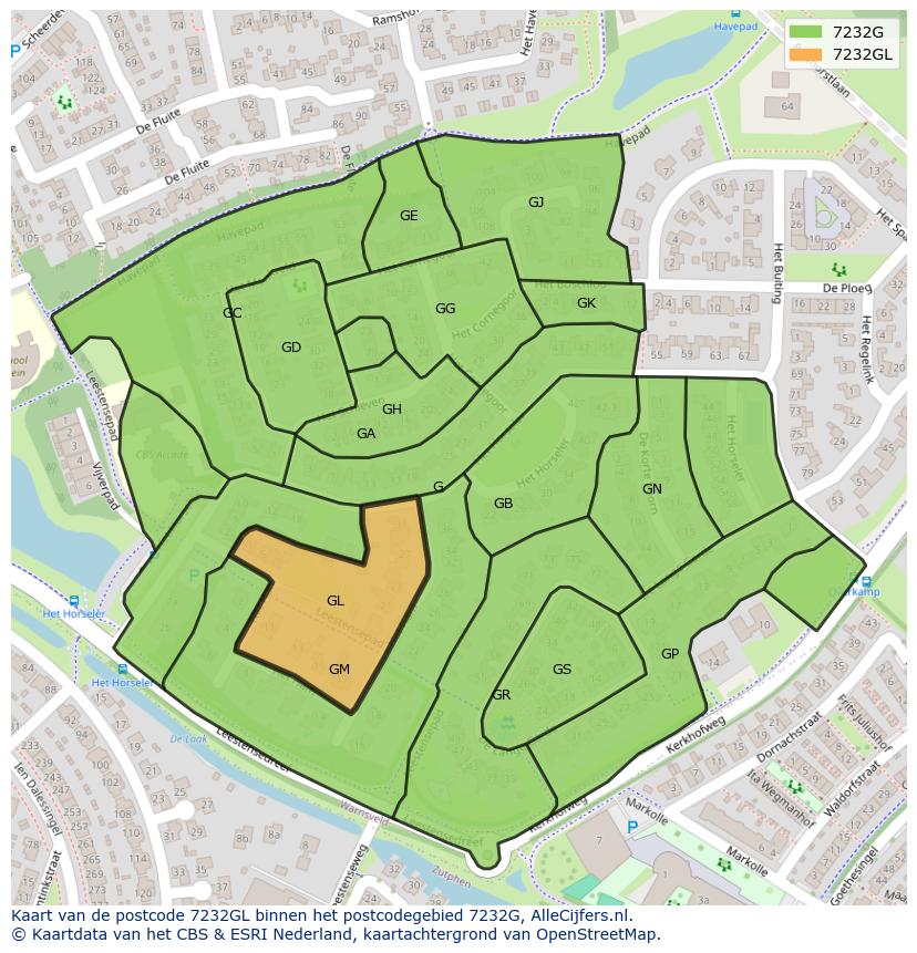 Afbeelding van het postcodegebied 7232 GL op de kaart.