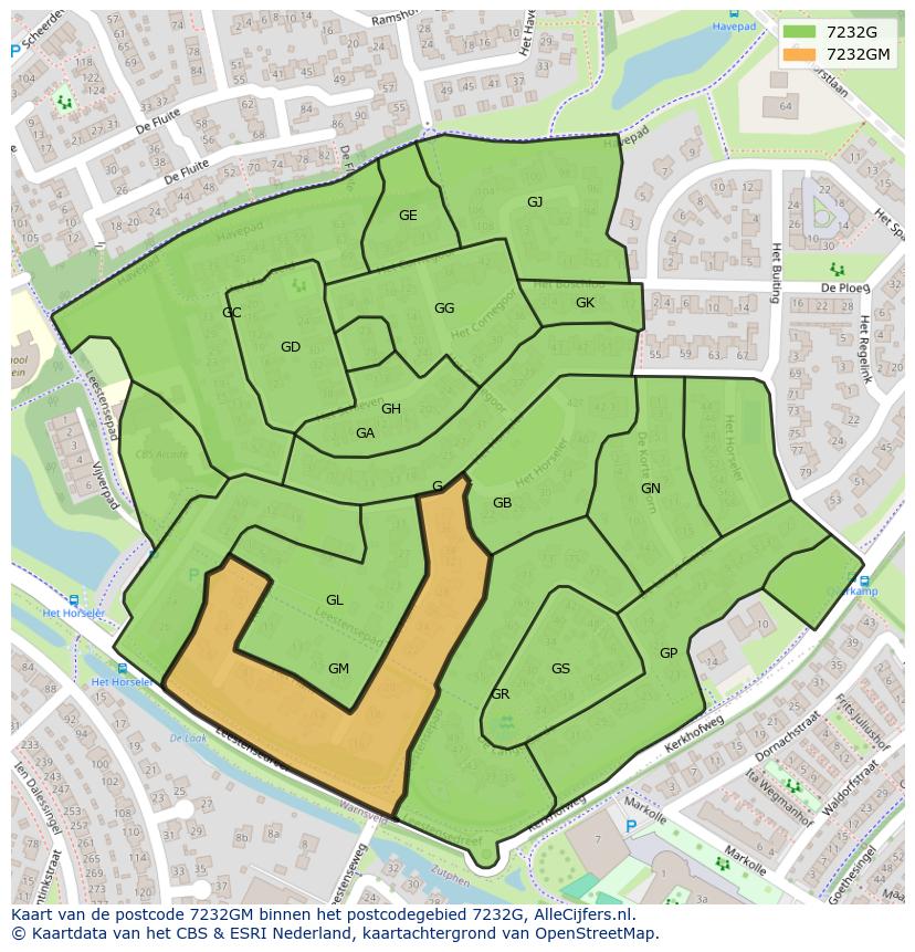 Afbeelding van het postcodegebied 7232 GM op de kaart.