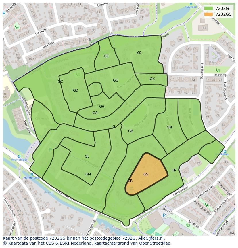 Afbeelding van het postcodegebied 7232 GS op de kaart.