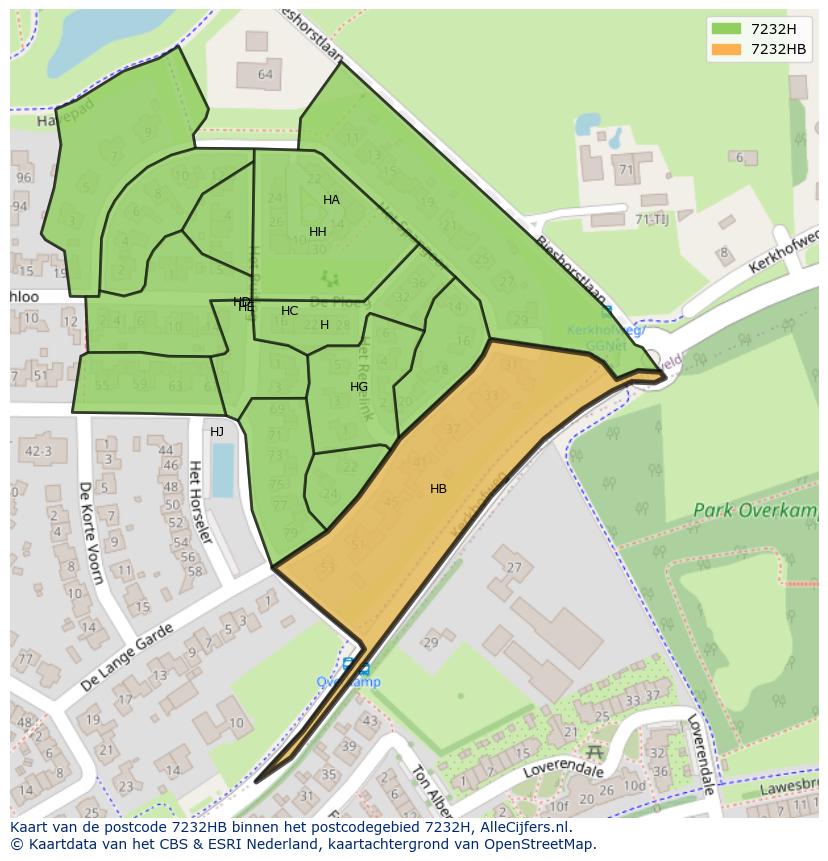Afbeelding van het postcodegebied 7232 HB op de kaart.