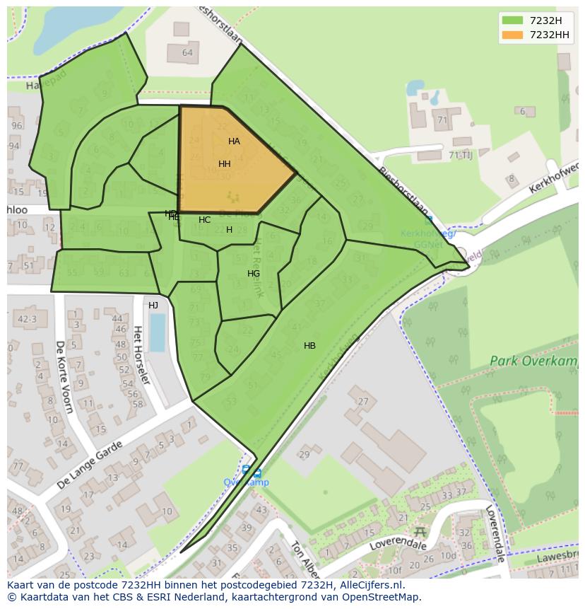 Afbeelding van het postcodegebied 7232 HH op de kaart.
