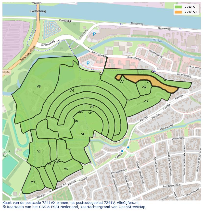 Afbeelding van het postcodegebied 7241 VX op de kaart.
