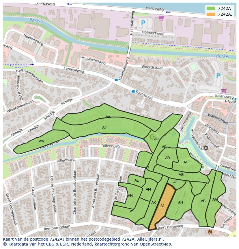Afbeelding van het postcodegebied 7242 AJ op de kaart.