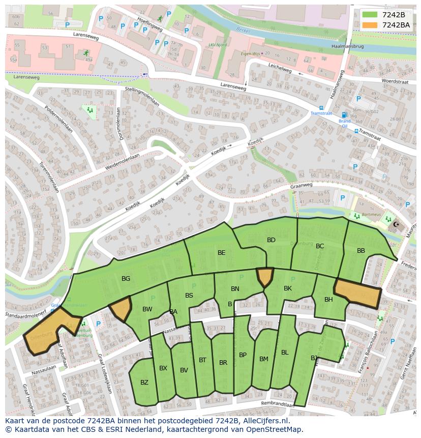 Afbeelding van het postcodegebied 7242 BA op de kaart.