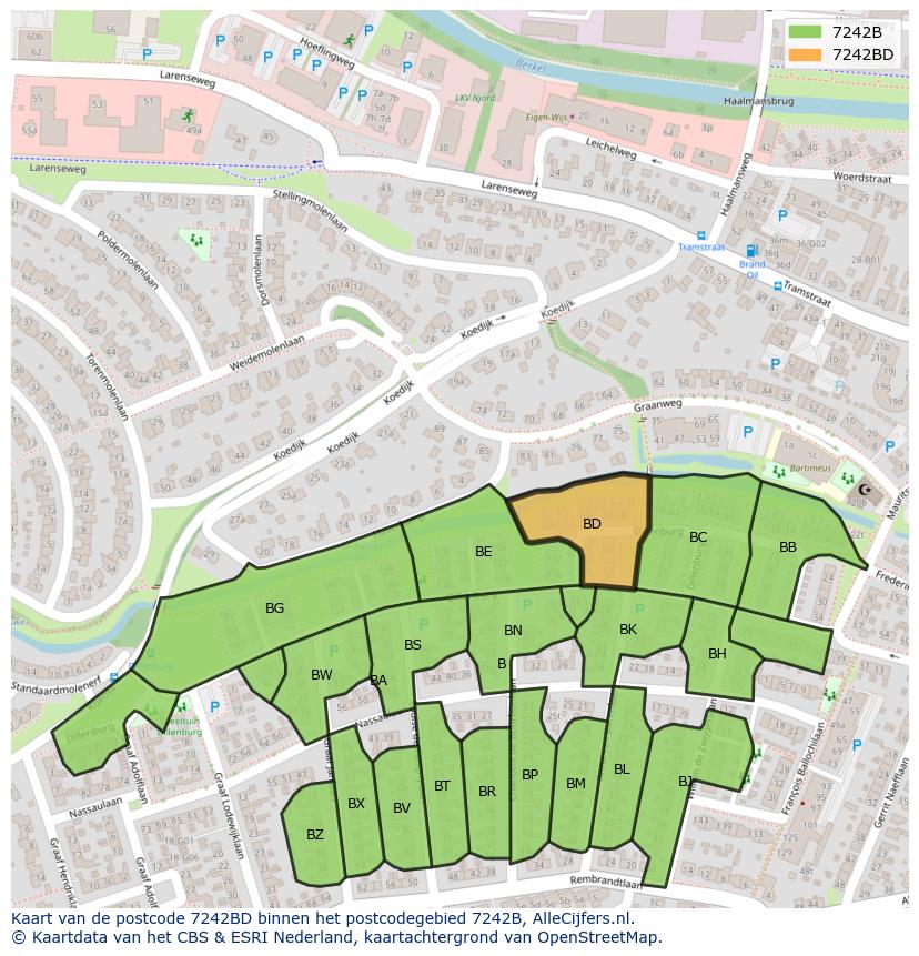 Afbeelding van het postcodegebied 7242 BD op de kaart.