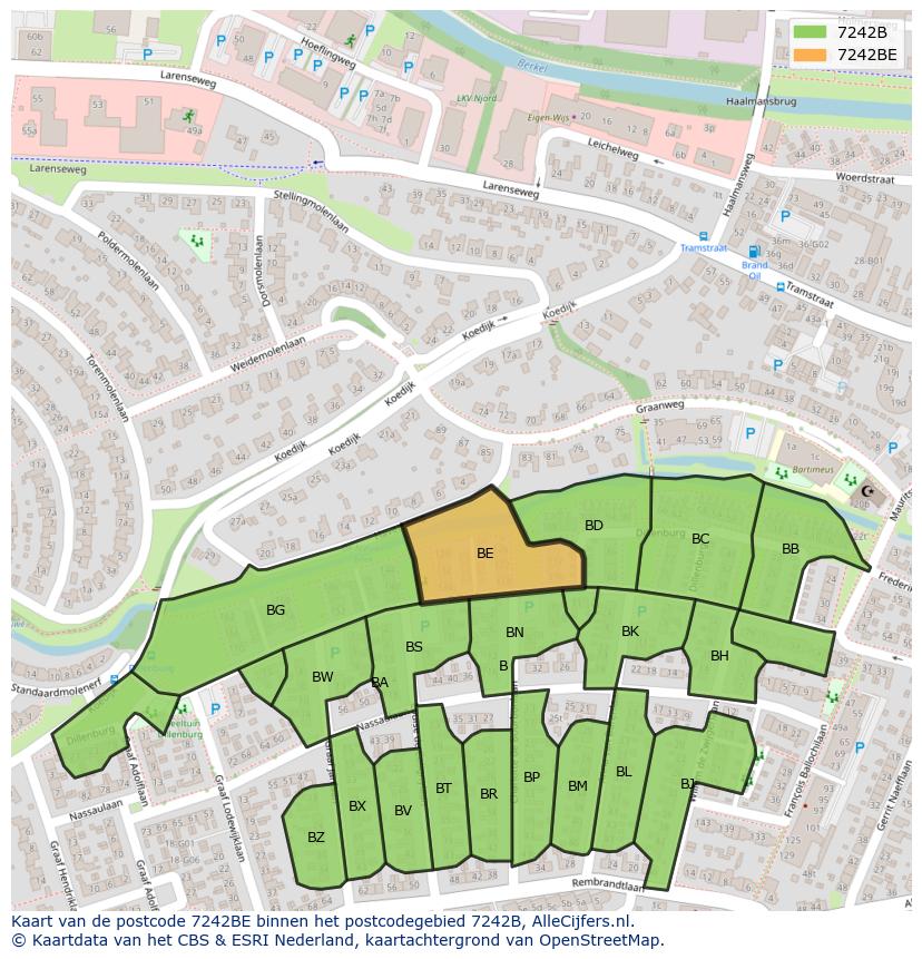 Afbeelding van het postcodegebied 7242 BE op de kaart.