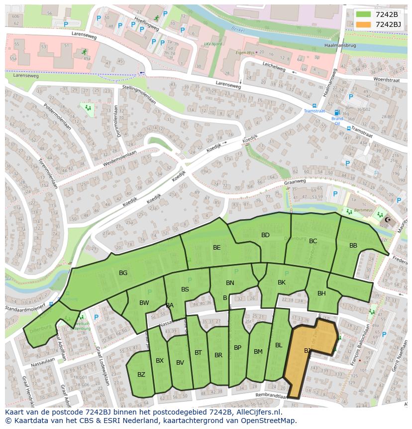 Afbeelding van het postcodegebied 7242 BJ op de kaart.
