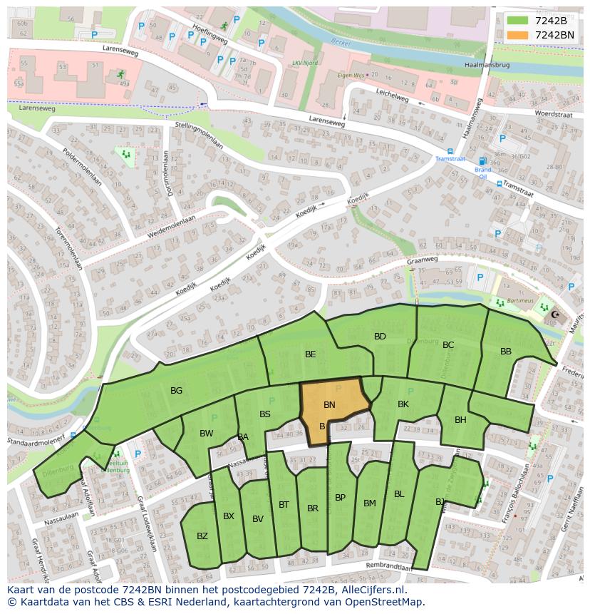 Afbeelding van het postcodegebied 7242 BN op de kaart.