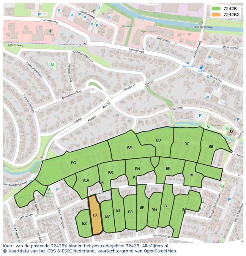 Afbeelding van het postcodegebied 7242 BX op de kaart.