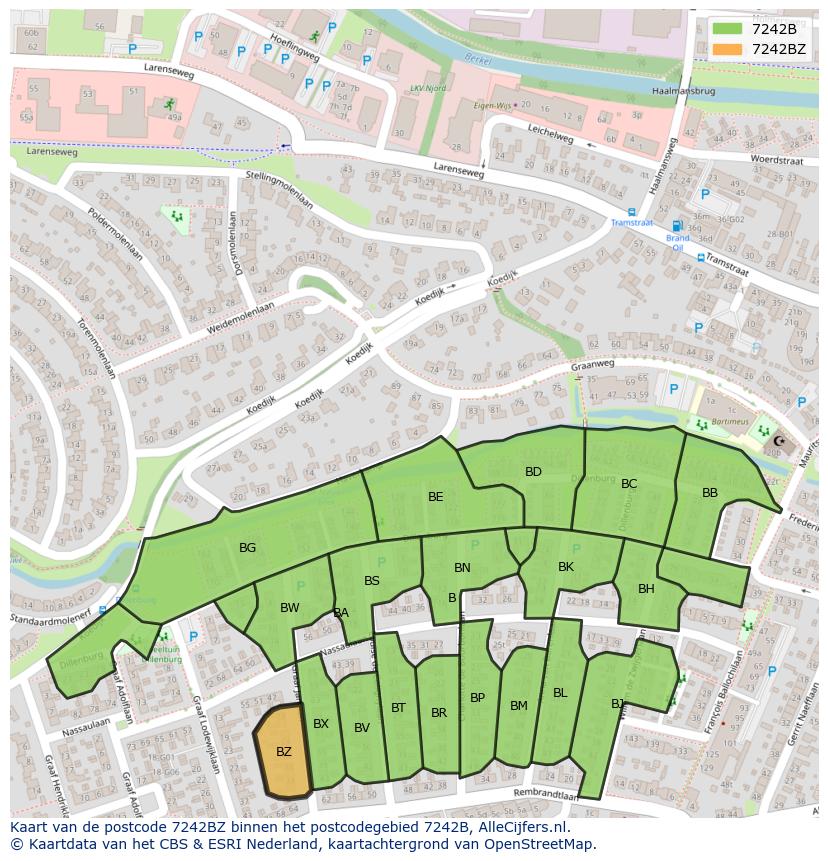 Afbeelding van het postcodegebied 7242 BZ op de kaart.