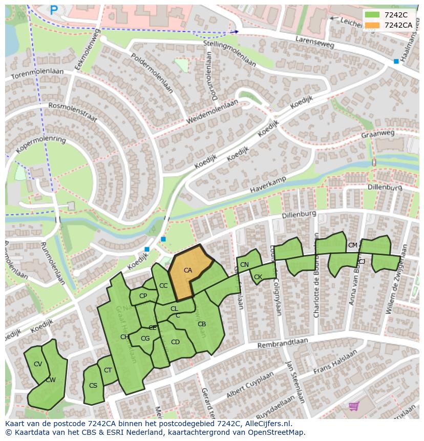 Afbeelding van het postcodegebied 7242 CA op de kaart.