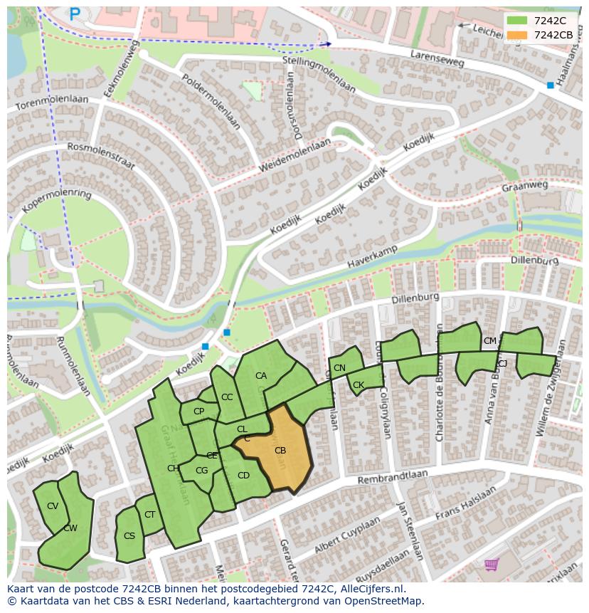Afbeelding van het postcodegebied 7242 CB op de kaart.