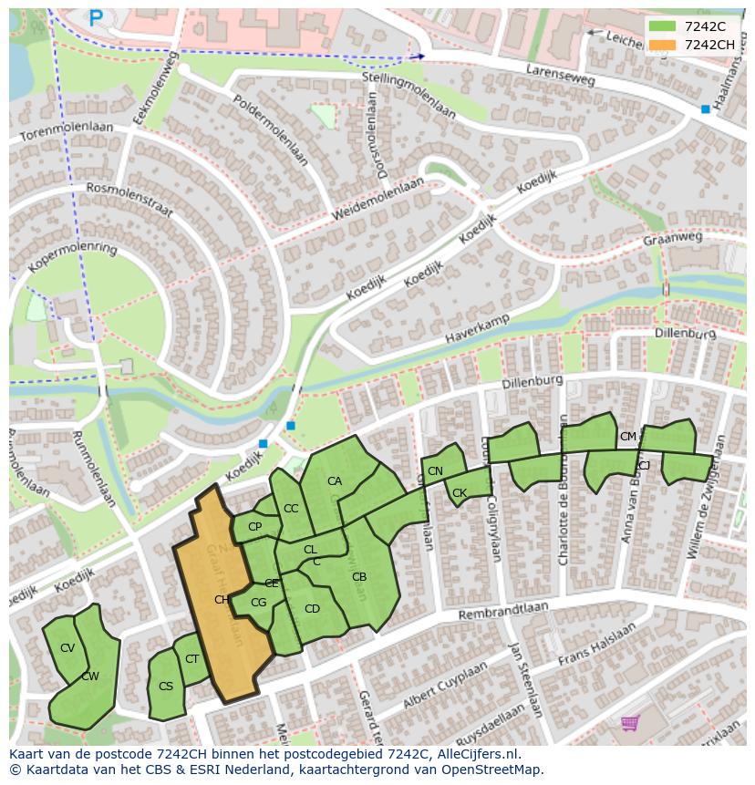 Afbeelding van het postcodegebied 7242 CH op de kaart.