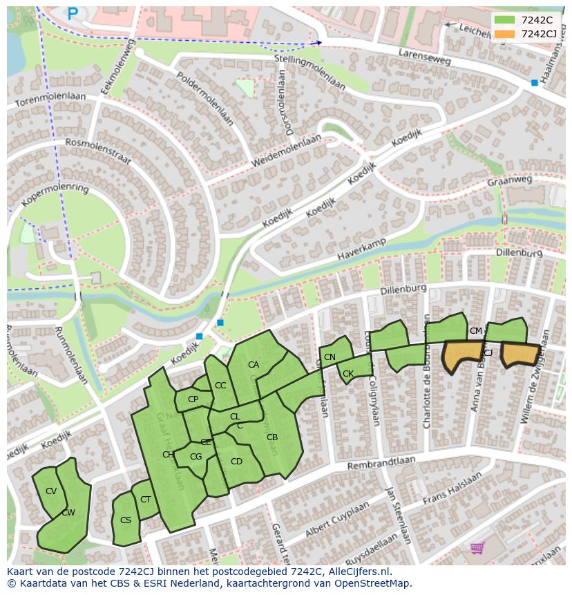 Afbeelding van het postcodegebied 7242 CJ op de kaart.