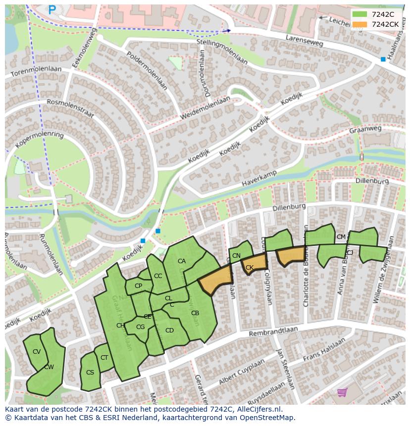 Afbeelding van het postcodegebied 7242 CK op de kaart.