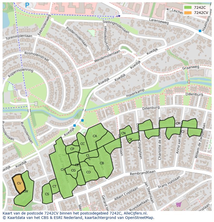 Afbeelding van het postcodegebied 7242 CV op de kaart.