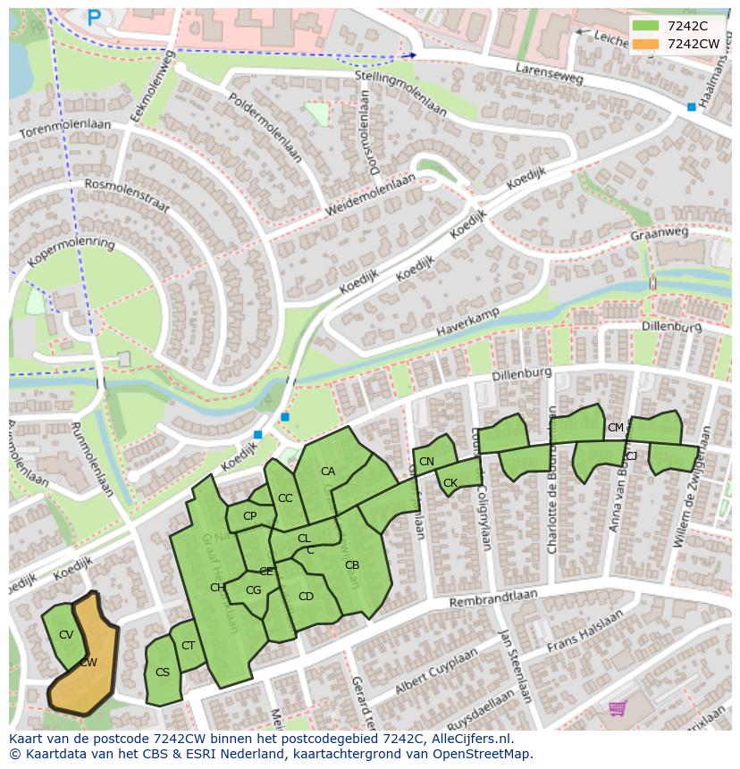 Afbeelding van het postcodegebied 7242 CW op de kaart.