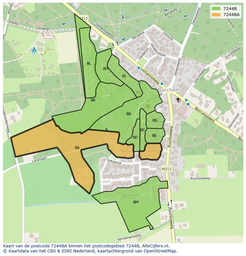 Afbeelding van het postcodegebied 7244 BA op de kaart.