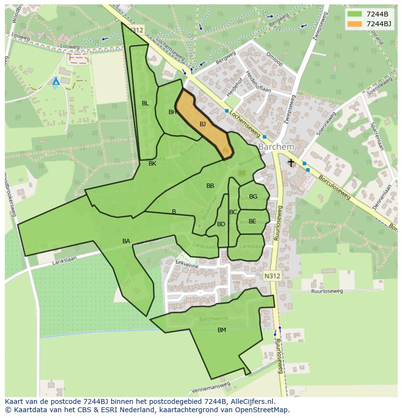 Afbeelding van het postcodegebied 7244 BJ op de kaart.