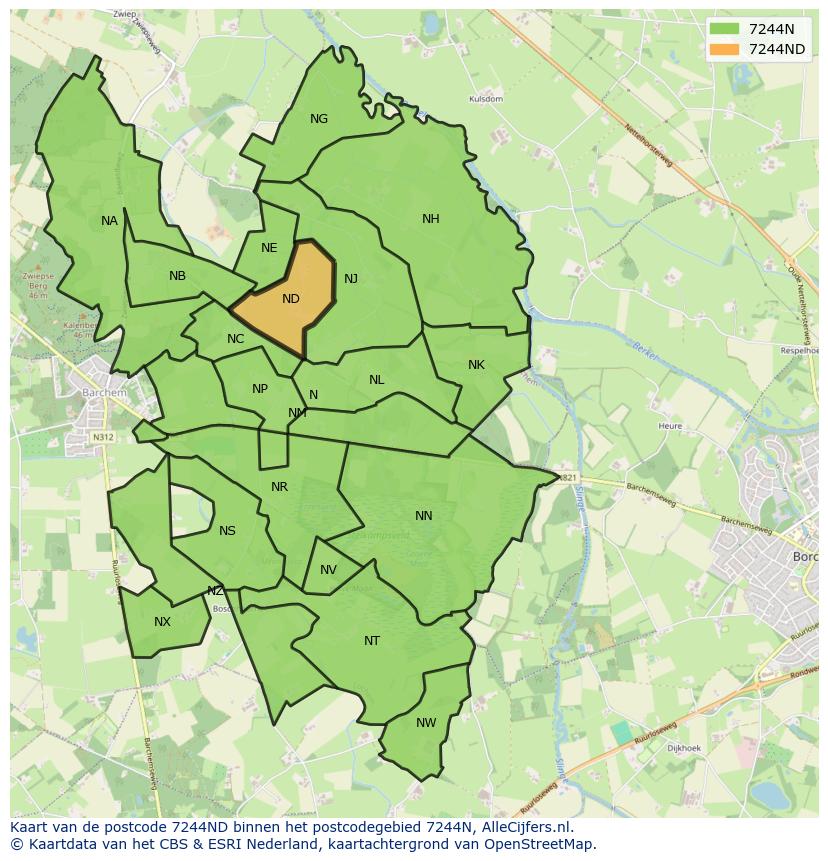 Afbeelding van het postcodegebied 7244 ND op de kaart.