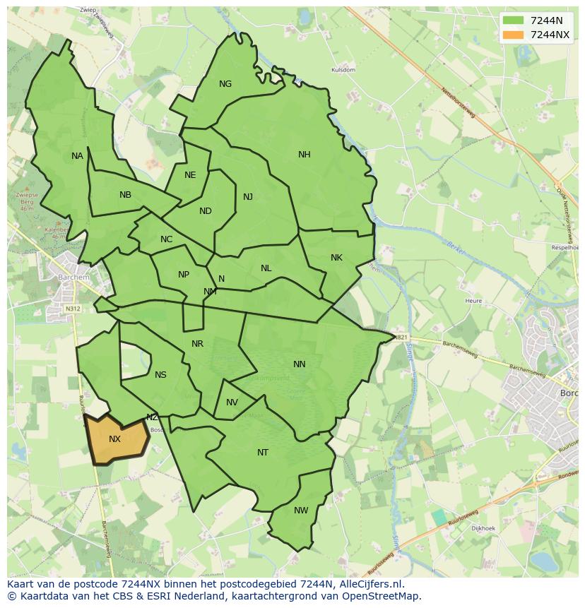 Afbeelding van het postcodegebied 7244 NX op de kaart.