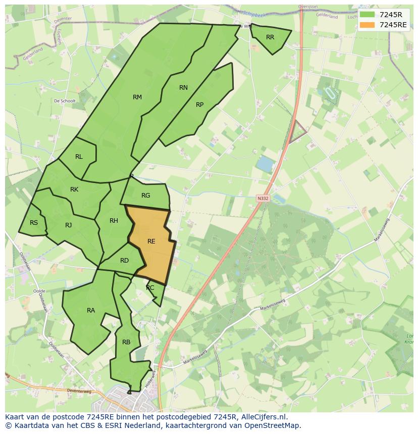 Afbeelding van het postcodegebied 7245 RE op de kaart.