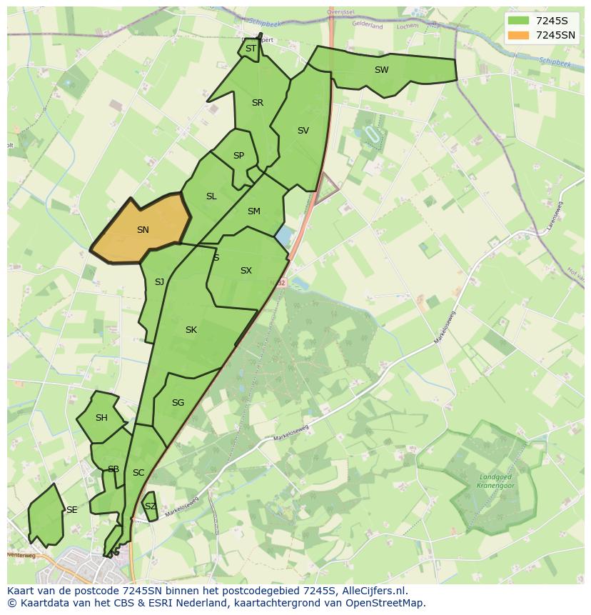Afbeelding van het postcodegebied 7245 SN op de kaart.