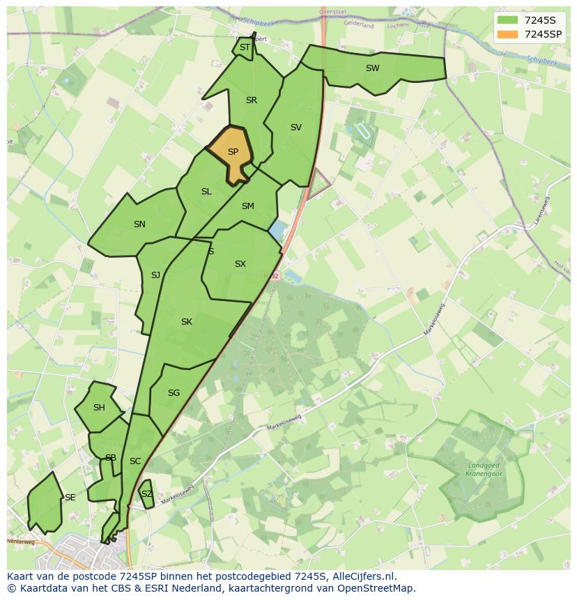 Afbeelding van het postcodegebied 7245 SP op de kaart.