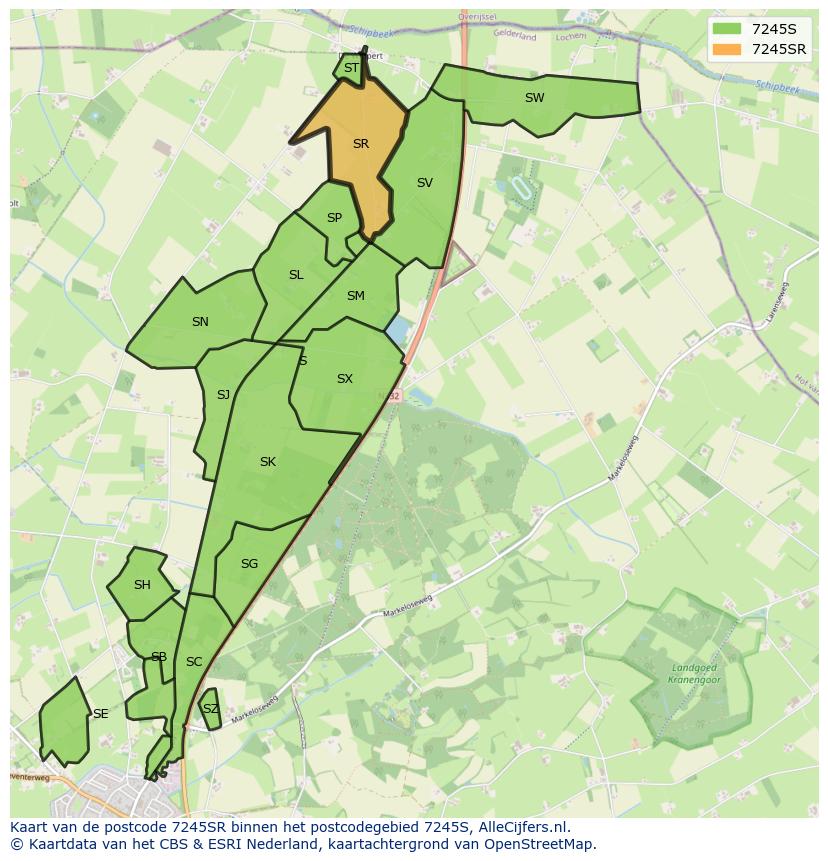 Afbeelding van het postcodegebied 7245 SR op de kaart.