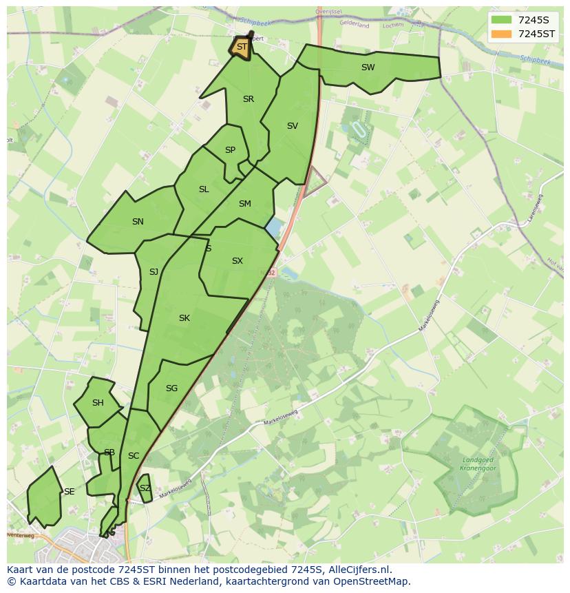 Afbeelding van het postcodegebied 7245 ST op de kaart.