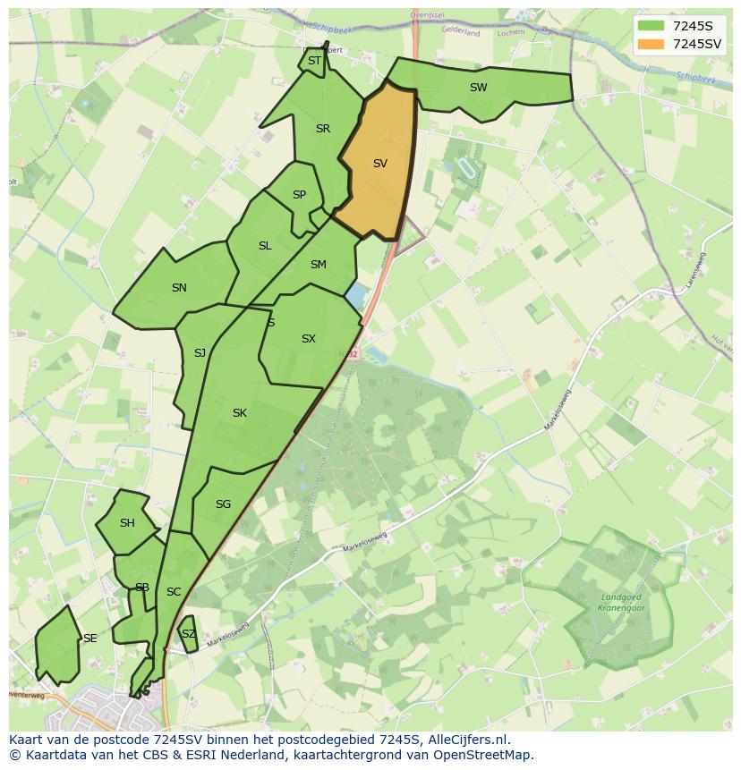 Afbeelding van het postcodegebied 7245 SV op de kaart.