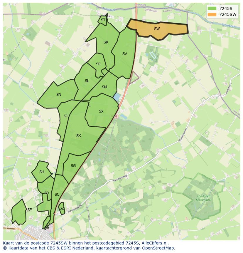 Afbeelding van het postcodegebied 7245 SW op de kaart.