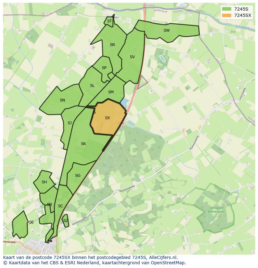Afbeelding van het postcodegebied 7245 SX op de kaart.
