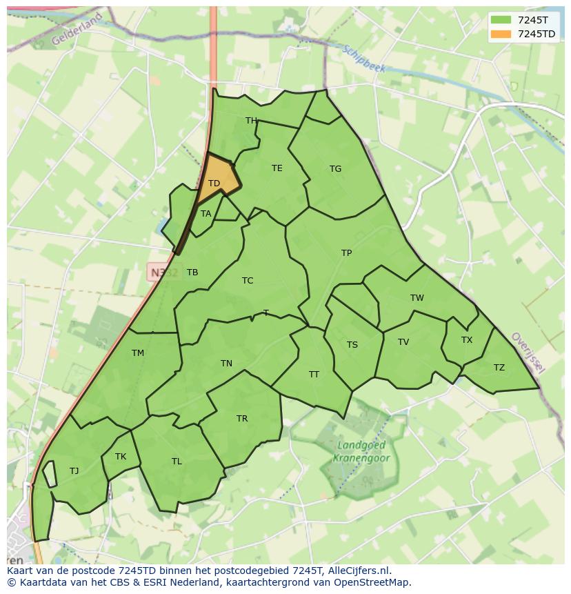 Afbeelding van het postcodegebied 7245 TD op de kaart.