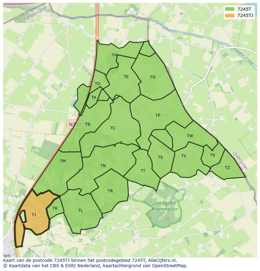 Afbeelding van het postcodegebied 7245 TJ op de kaart.