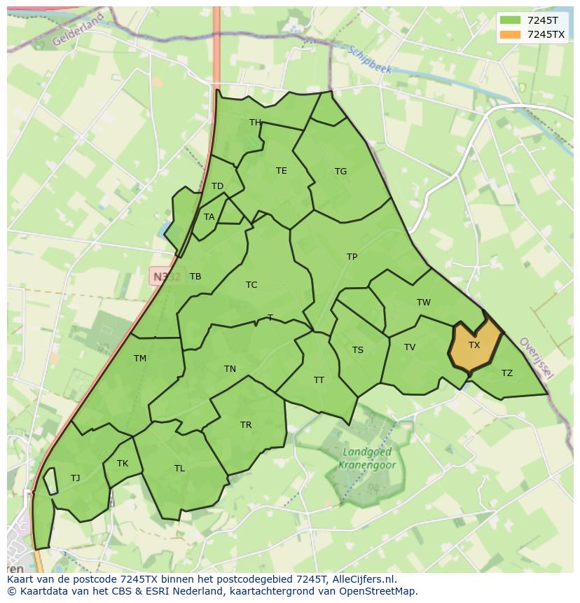 Afbeelding van het postcodegebied 7245 TX op de kaart.