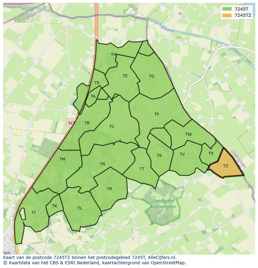 Afbeelding van het postcodegebied 7245 TZ op de kaart.