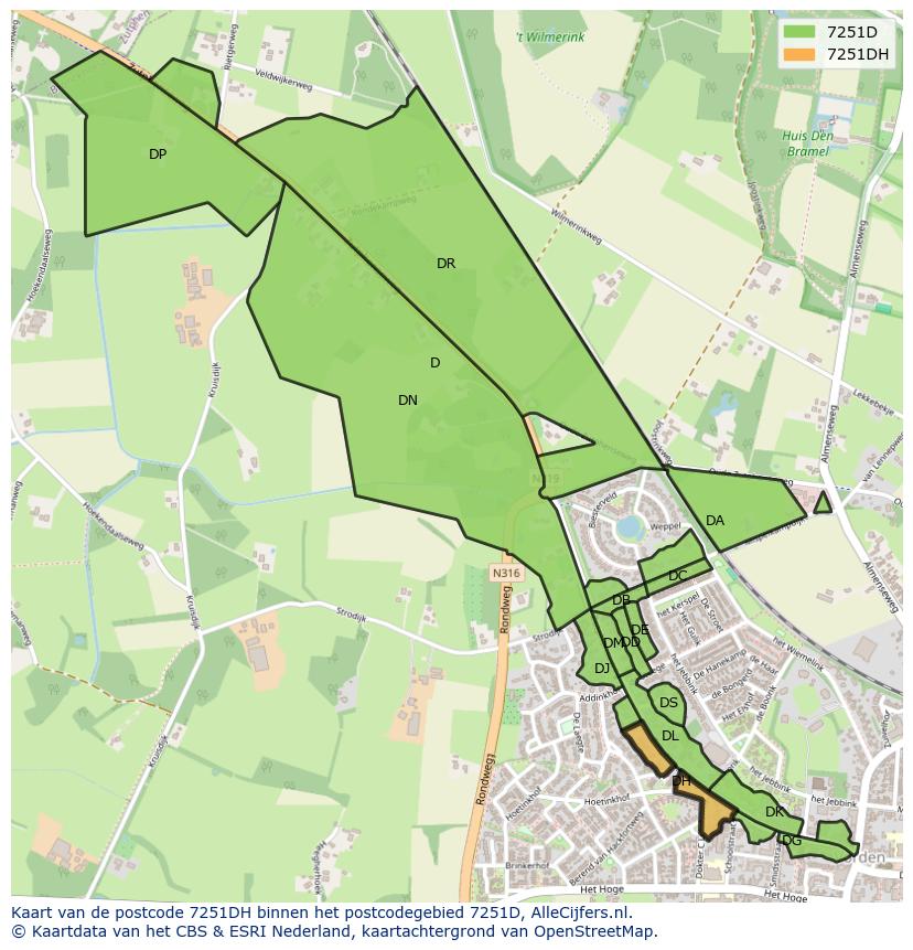 Afbeelding van het postcodegebied 7251 DH op de kaart.