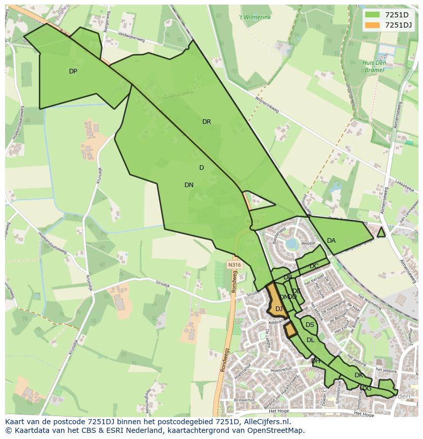 Afbeelding van het postcodegebied 7251 DJ op de kaart.