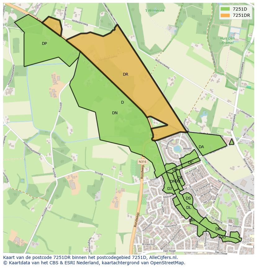 Afbeelding van het postcodegebied 7251 DR op de kaart.