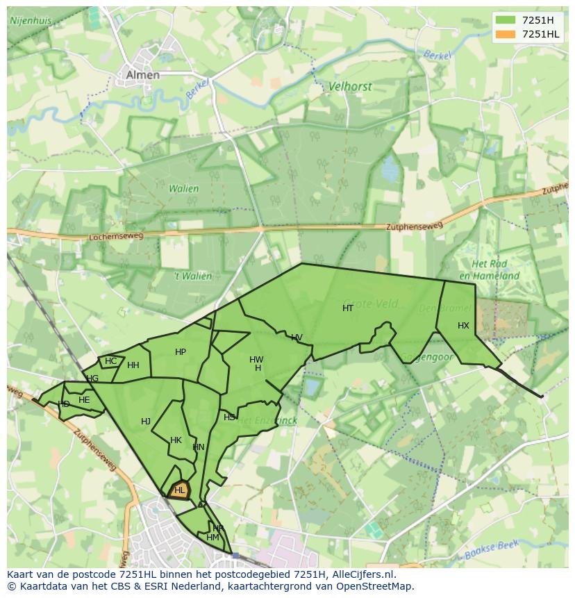 Afbeelding van het postcodegebied 7251 HL op de kaart.
