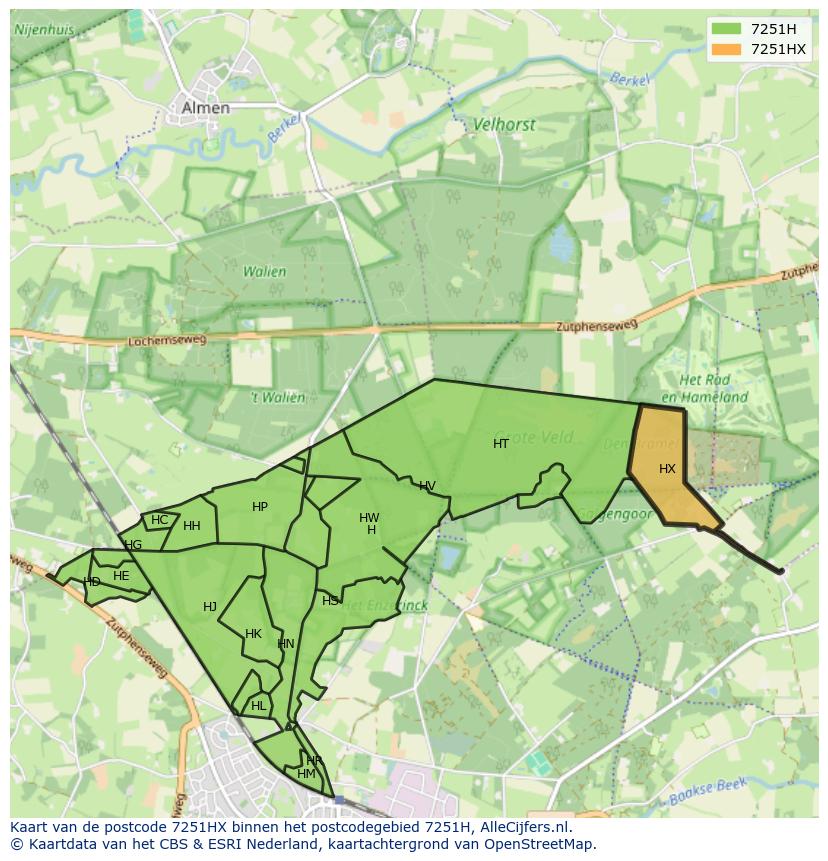 Afbeelding van het postcodegebied 7251 HX op de kaart.