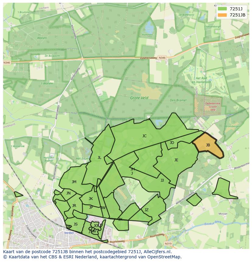 Afbeelding van het postcodegebied 7251 JB op de kaart.