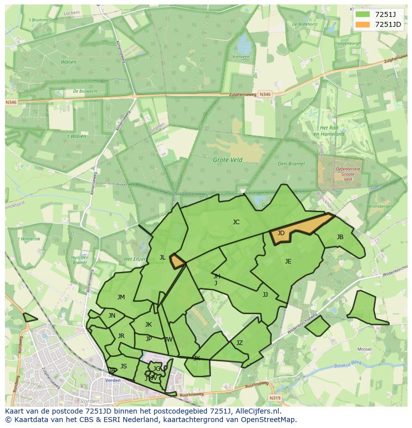 Afbeelding van het postcodegebied 7251 JD op de kaart.