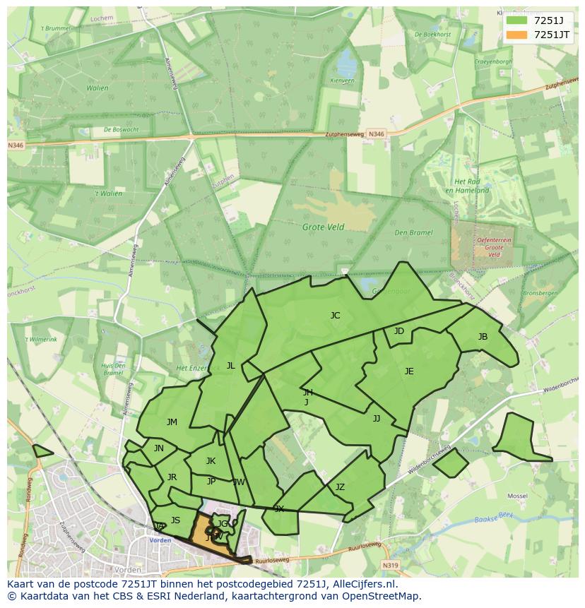 Afbeelding van het postcodegebied 7251 JT op de kaart.